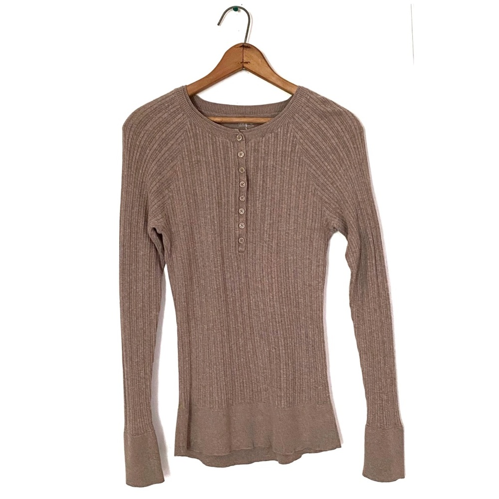 Mossimo Ribbed Henley Sweater Tan Brown Long Sleeve Knit Top Preppy Popover L - Picture 14 of 16